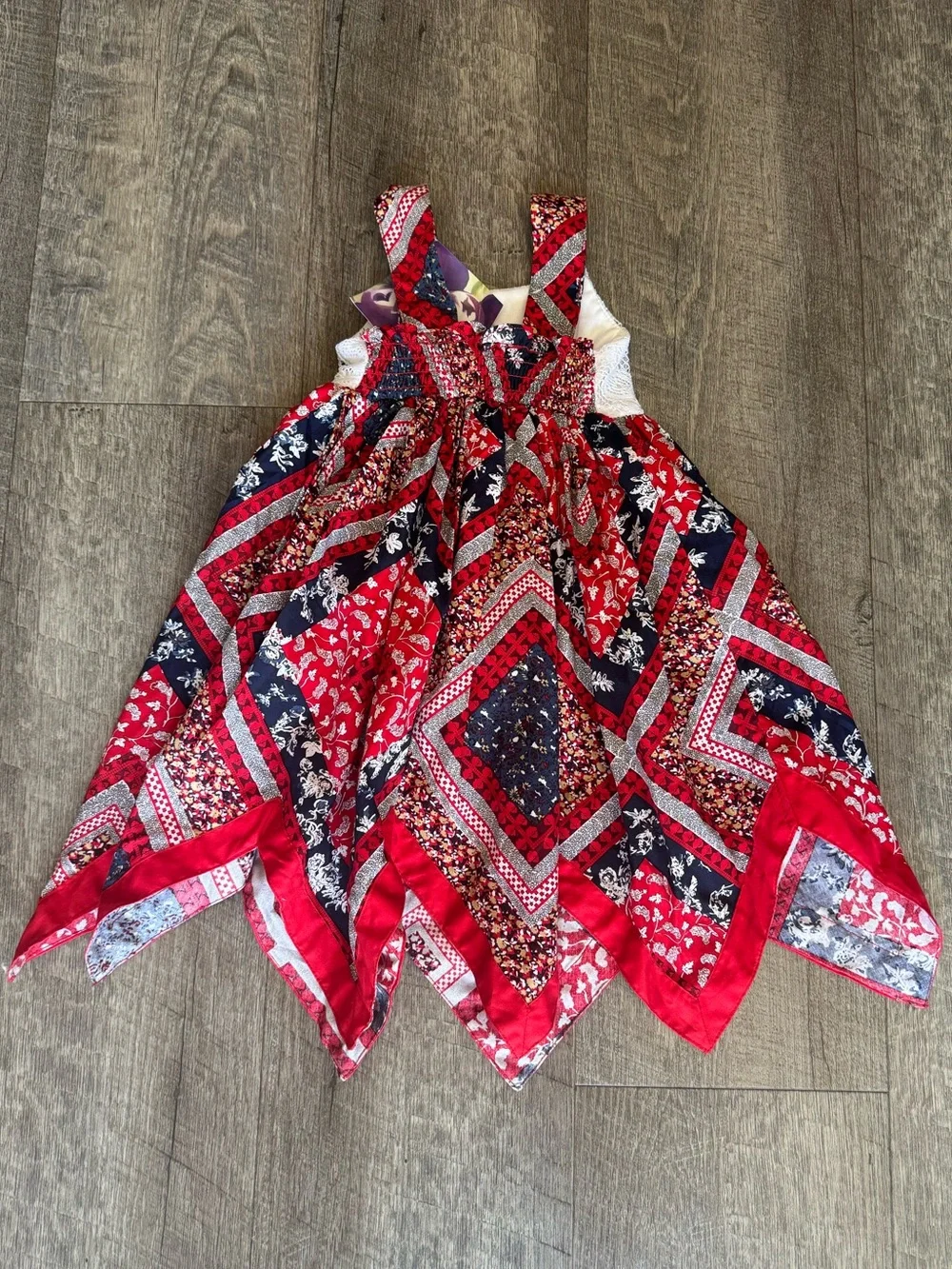 NWT Baby Girls 18M Boho Patchwork Floral Lace Dress Red Navy Vintage/Boho-Style